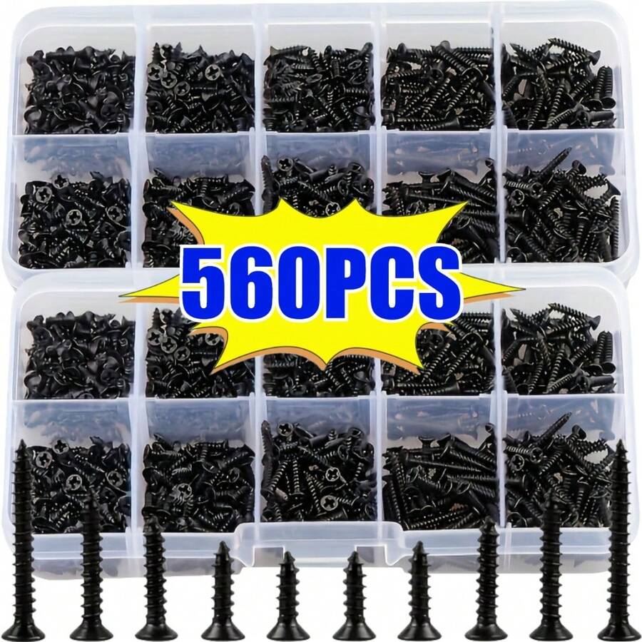 560piece Black Self-Tapping Screw Set In Various Sizes And Styles - For Wood Repair And Appliance Assembly, Includes Convenient Storage Box - Black - View 1