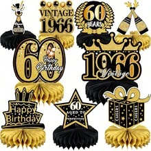9 Peças Conjunto de Decoração de Mesa Favo de Mel Preto & Dourado para Aniversário de 60 Anos, Decoração de Mesa Tema Vintage, Adequado para Festa de Aniversário de 60 Anos de Homens/Mulheres, Celebração Retrô Preto & Dourado, Banquete de Aniversário de Luxo Preto & Dourado, Festa de Aniversário e Decoração de Cena de Aniversário Adulto Legal - 60 - Visão 1