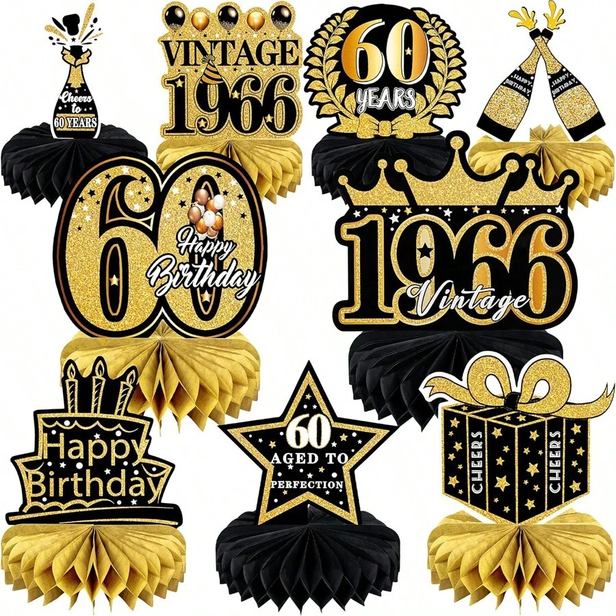 9 Peças Conjunto de Decoração de Mesa Favo de Mel Preto & Dourado para Aniversário de 60 Anos, Decoração de Mesa Tema Vintage, Adequado para Festa de Aniversário de 60 Anos de Homens/Mulheres, Celebração Retrô Preto & Dourado, Banquete de Aniversário de Luxo Preto & Dourado, Festa de Aniversário e Decoração de Cena de Aniversário Adulto Legal - 60 - Visão 1