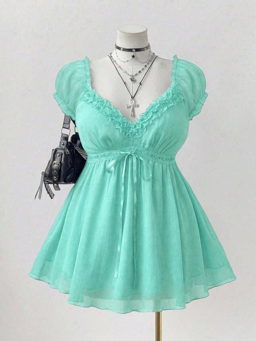Elegant Blouse With Lace Trim In A Solid Color, Perfect For Summer - White - View 1