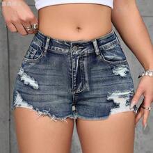 xuehuamaoyi02  PETITE Short de jean desgastado para mujer con bolsillos, informal y versátil - Lavado ligero - Ver 6