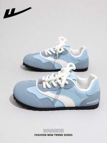 WARRIOR Damen Freizeitsneaker mit dicker Sohle, Schnürung und weichem Fußbett, Low-Top flache Outdoor-Schuhe, Sommer-Pendler-Schuhe, runde Zehenpartie, niedriger Absatz, rutschfest, einfarbig, elegant, weiche Sohle, für Ausflüge und Wandern, geeignet für Studentinnen und Abschlussfotos, Damen Low-Top Mikrofaser Sport-Skateboard-Schuhe - hellblau/blau - Übersicht 5