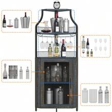 BouPower Industrial Corner Bar Cabinet – 5-Tier With Detachable Wine Rack, Glass Holder, Adjustable Shelves, Glass Doors – Liquor & Wine Storage Buffet For Dining Room Or Home Bar - Carbon - View 4