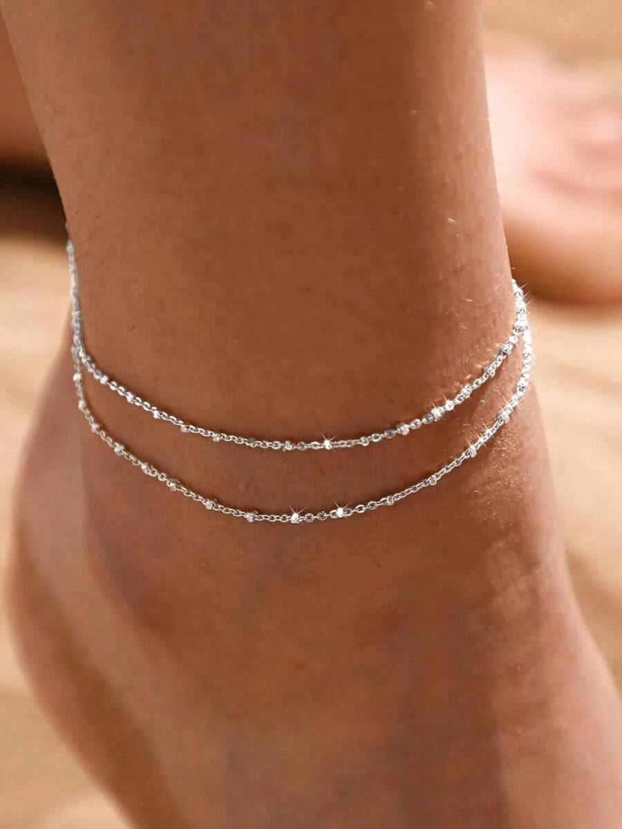 2pcs/Set Stackable Sparkling Beaded Minimalist Women's Anklets, Suitable For Daily Wear, Beach Vacation, Gift Giving - Silver - View 1