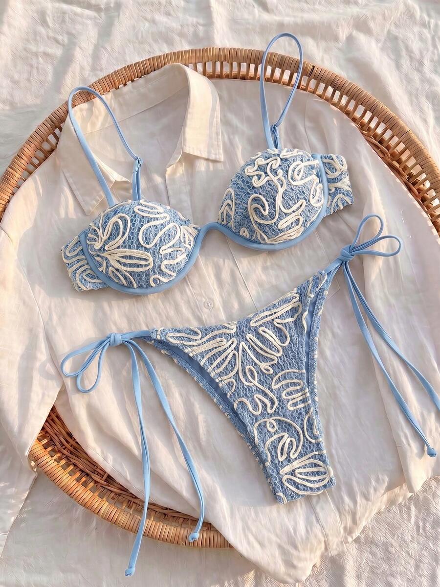 Bikinx 女款刺繡鉤針編織比基尼套裝,附胸罩內襯與側綁式泳褲,時尚海灘度假夏季波希米亞風 - 霧霾藍 - 查看 1