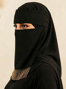 1PC Women's Solid Color Gold Tassel Niqab, Lightweight Breathable Tie-Up Black Fashion Versatile Face Mask - Black - Small Tassel Face Mask - View 4
