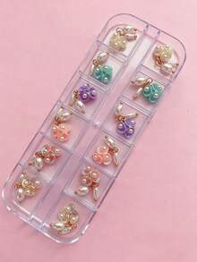 3D Aurora Shell Flower Pearl Nail Charms, 12Pcs Iridescent Floral Nail Art Decorations With Hanging Pearl Pendants , Japanese Style Resin Nail Charms For DIY Manicure, Nail Art Supplies Summer Collection Nail Accessories, Nail Products - Multicolor - View 5