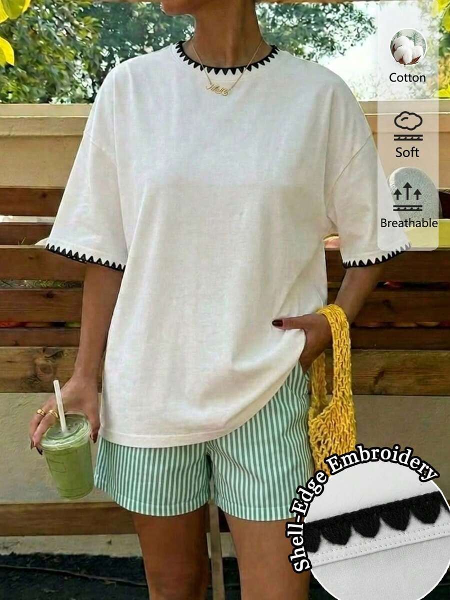 Women's Oversized T-Shirt With Pink And Red Striped Slogan Print, Casual Summer Holiday Style, Loose Fit, Round Neck, Short Sleeve, Comfortable - 白色 5 - 查看 1
