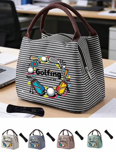 Sports Style Handheld Storage Bag, Lightweight Large Capacity, Comfortable Handle For Long Carrying Without Fatigue. Color Block Stripes Paired With "Golfing Survival Kit" Cartoon Golf Equipment Print. Insulated And Heat-Resistant, Comes With Black Utensil Bag, Multiple Colors Available. Suitable For Golf Course Commute, Daily Outings, Picnics, Office And School Lunch (Insulated Cooler Bag/Lunch Box). Unisex, Suitable For Camping And School Scenes. Ideal Gift For Birthdays, Holidays, Graduation Season, And Back To School Season.