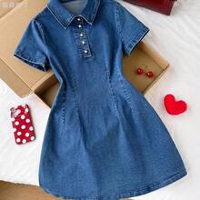 xuehuamaoyi02  Vestido corto de mezclilla de unicolor para mujer, estilo minimalista de moda para el verano - Lavado ligero - Ver 2