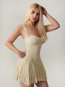 Vestido mini de línea A con parches de encaje, color albaricoque, para verano - Albaricoque - Ver 1