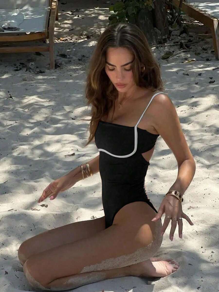 Nuevo mono azul marino sin tirantes, sólido, casual, y elegante para mujer de Polovedo, adecuado para la playa, vacaciones, fiestas y citas - Negro - Ver 1