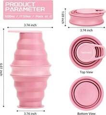 Collapsible Bottle,17oz(500ml) Reuseable BPA Silicone Foldable Bottles Travel Gym Camping Hiking, Portable Leak Proof Sports Bottle With Carabiner - 粉色 - 查看 3