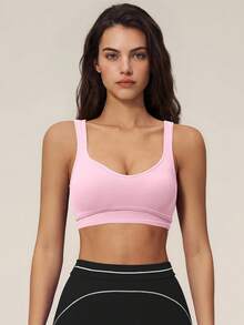 TimeOff Women's One Piece Contrast Color White Trim U-Neck Backless Sports Bra Tank Top With Removable Built-In Pads - Pink - View 6
