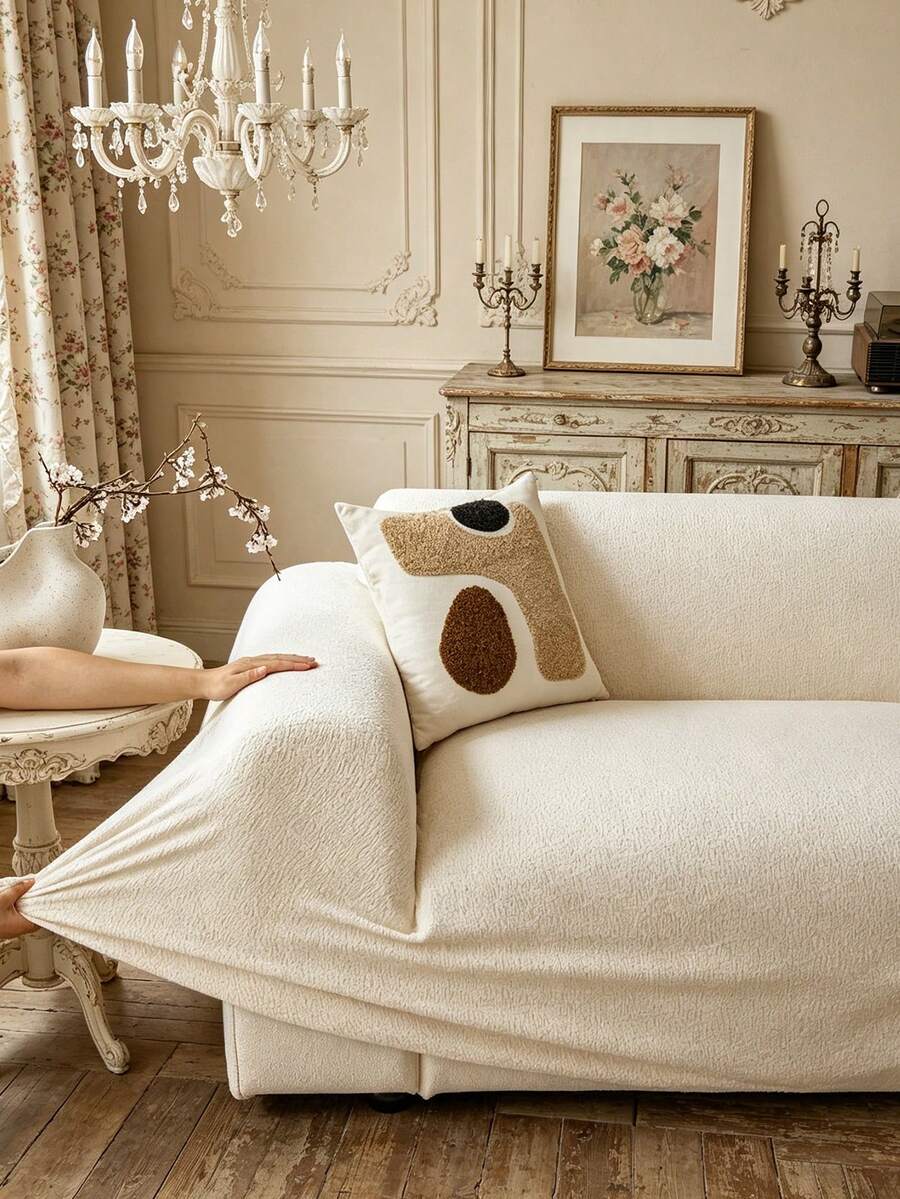 1 chiếc vỏ bọc sofa kiểu váy họa tiết lá màu xám bạc co giãn (không bao gồm vỏ gối), thiết kế kiểu váy bảo vệ sofa gia đình, phong cách tối giản hiện đại, chống bụi, chống trượt, dày dặn, phù hợp cho sofa 1/2/3/4 chỗ, trang trí nội thất sofa - màu trắng sữa - Xem 1