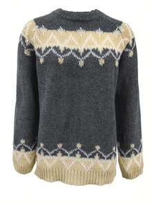 Plus Size Women's Color Block Round Neck Long Sleeve Casual Loose Sweater - Dark Grey - View 2