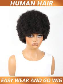 Elf Short Human Hair Wig, Short Voluminous Curly Human Hair Wig, Afro Jerry Curl Wig, Remy Human Hair Wig, Full Machine Woven Wig, Voluminous Soft Natural Wig, Suitable For Women - Natural Black - View 2