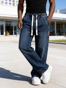 Men's Drawstring Elastic Waist Jeans, Vintage Distressed Wash Blue, Loose Straight Leg, Versatile Casual Everyday Pants, Comfortable For Daily Commute And Outings - Dark Wash - View 1