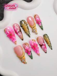 Almond-Shaped Handmade Press-On Nails Y2K Baddie Style, Nude, Green, Yellow, Brown, Red Nail Tips With French Tips, Carved Patterns, Steel Beads, Crosses, Tie Dye, Water Droplets, Zebra Stripes Design Pure Handmade Press-On Nails, Suitable For Women And Girls, Shiny Nail Tips, 10 Pieces 3 Sizes, Suitable For Parties, Balls, Daily Wear, Includes Tool Kit, Can Be Given As A Gift To Women And Girls. - Multicolor - View 2