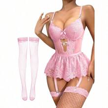 Lilosy Sexy Stocking Rhinestones Heart Garter Underwire Floral Mesh Lace Sheer Babydoll Lingerie Teddy Bodysuit Skirt Set - 粉色 - 查看 1