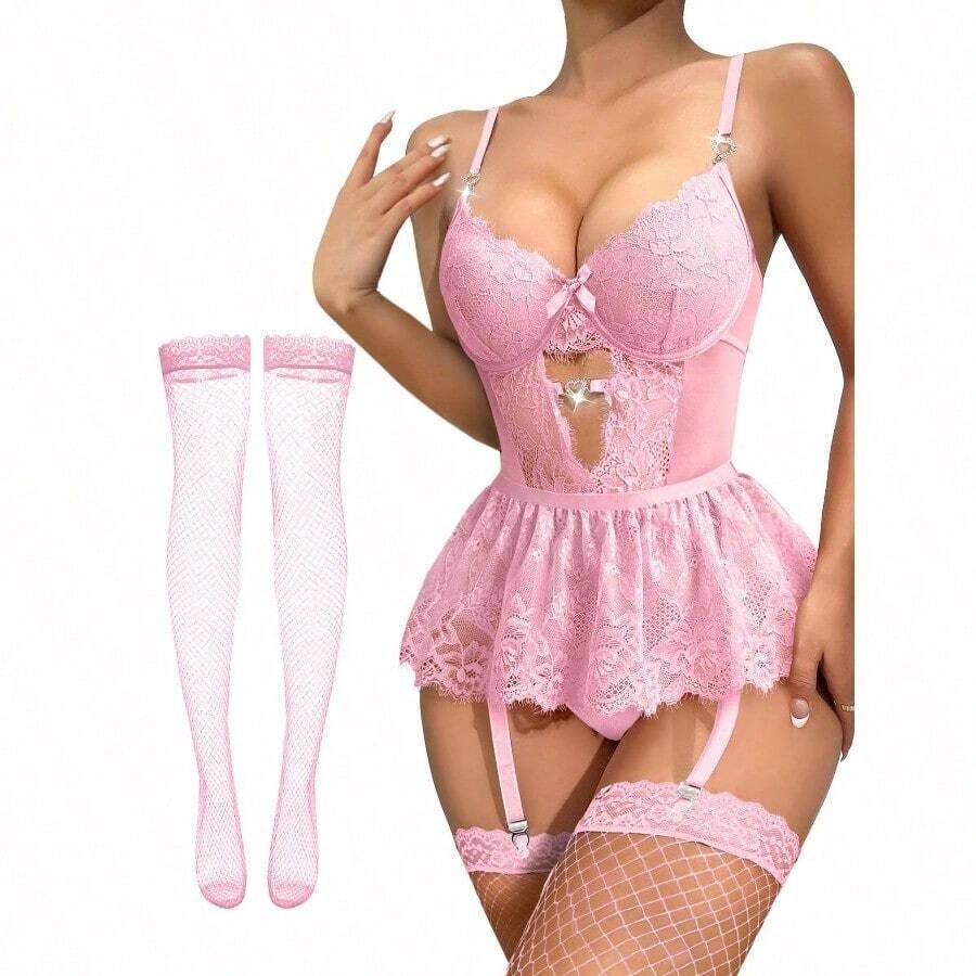 Lilosy Sexy Stocking Rhinestones Heart Garter Underwire Floral Mesh Lace Sheer Babydoll Lingerie Teddy Bodysuit Skirt Set - 粉色 - 查看 1