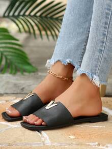 女款方頭平底拖鞋，金屬豹頭裝飾，穿脫方便時尚沙灘鞋，夏季新款優雅休閒百搭平底涼鞋 - 黑色 - 查看 3
