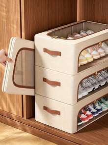 Foldable Double-Deck Shoe Rack - Stackable Under Bed Storage Cabinet, Retro Style, Suitable For Sneakers, High Heels And Various Shoes, Space-Saving Multifunctional Wardrobe And Bedroom Storage Solution, Shoe Cabinet, Under Bed Storage, Neutral Decor - Multicolor - View 4