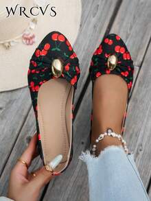 Black Pointed Toe Shoes, Random Printed Fabric Pattern, Slip-On Loafers, Work Shoes With Metal Buckle, Minimalist Commuting Lightweight Shoes - Multicolor - View 1