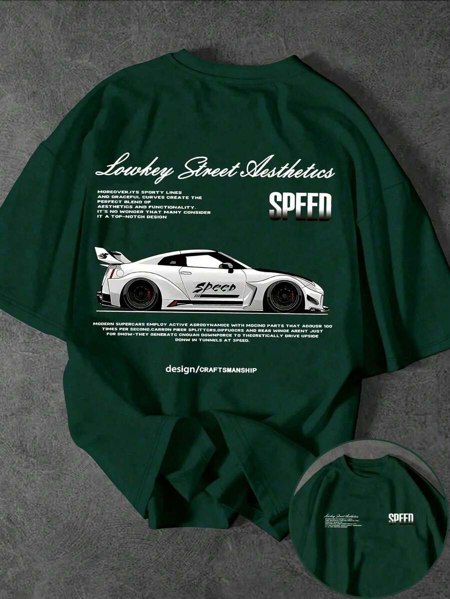 Men's Casual Short Sleeve Crew Neck T-Shirt With Racing Street Slogan Print - 軍綠色 - 查看 1