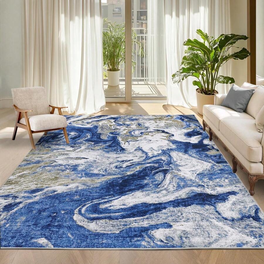 1PCS Washable Abstract Area Rug For Living Room Large Indoor Accent Throw Carpet Modern Non-Slip Stain Resistant Foldable Floor Cover For Dorm Home Decor Runner For Kitchen Hallway - Blue - View 1