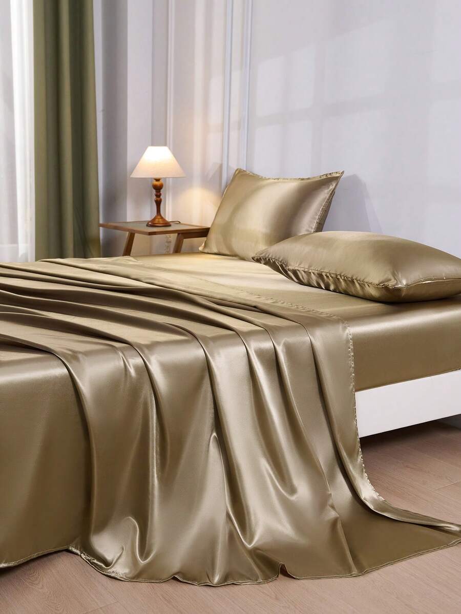 4pcs Gold Premium Solid Color Silk Satin Bed Sheet Set, 1pc Fitted Sheet & 1pc Flat Sheet & 2pcs Pillowcases Mattress Protector Set (Pillow Inserts Not Included) - Gold - View 1