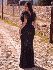 Faeriesty Plus Size Elegant Glitter Sequin Ruffle Sleeve Fishtail Formal Dress, Suitable For Red Carpet, Wedding, Gala And Formal Occasions Party Black - Black - View 2