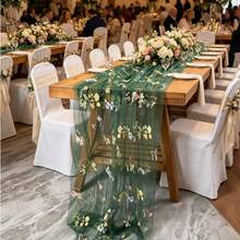 Embroidered Butterfly & Floral Table Runner Suitable For Weddings - Elegant Sheer Table Decor With Embroidery, Fabric, Length For Chair Back, Veil Or Party Decoration, Multi-Use Decorative Table Runner For Special Events - Dark Green - View 5