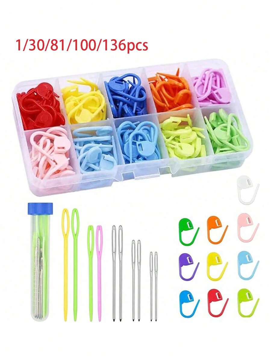 EDCUEBE7 Bộ 1/30/81/100/136Kẹp Đánh Dấu Đan Móc Stitch Nhiều Màu Có Khóa, Kèm 15 Kim Khâu Mắt Lớn, Thước Mềm Và Hộp Lưu Trữ, Phụ Kiện Hoàn Hảo Cho Dự Án Đan Móc DIY - A - Xem 1