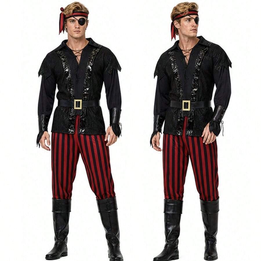 Men's Captain Jack Pirate Costume, Medieval Pirate Role Play Full Set Outfit, Halloween Stage Performance Costume