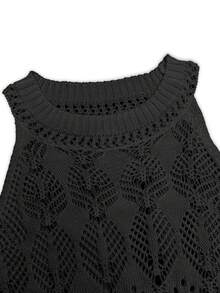 女款優雅純色針織洋裝，圓領鏤空設計，收腰側開衩下擺，春夏海灘度假洋裝，黑色 - 黑色 - 查看 11