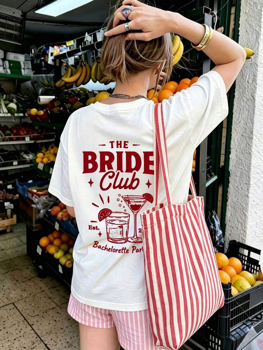 1 Piece Women's Loose-Fitting Short-Sleeved Summer T-Shirt, Graphic Bridesmaid Club T-Shirt, Charming Top For Bridal Party, Women's Holiday Outfit, Festive Wear - White - View 1