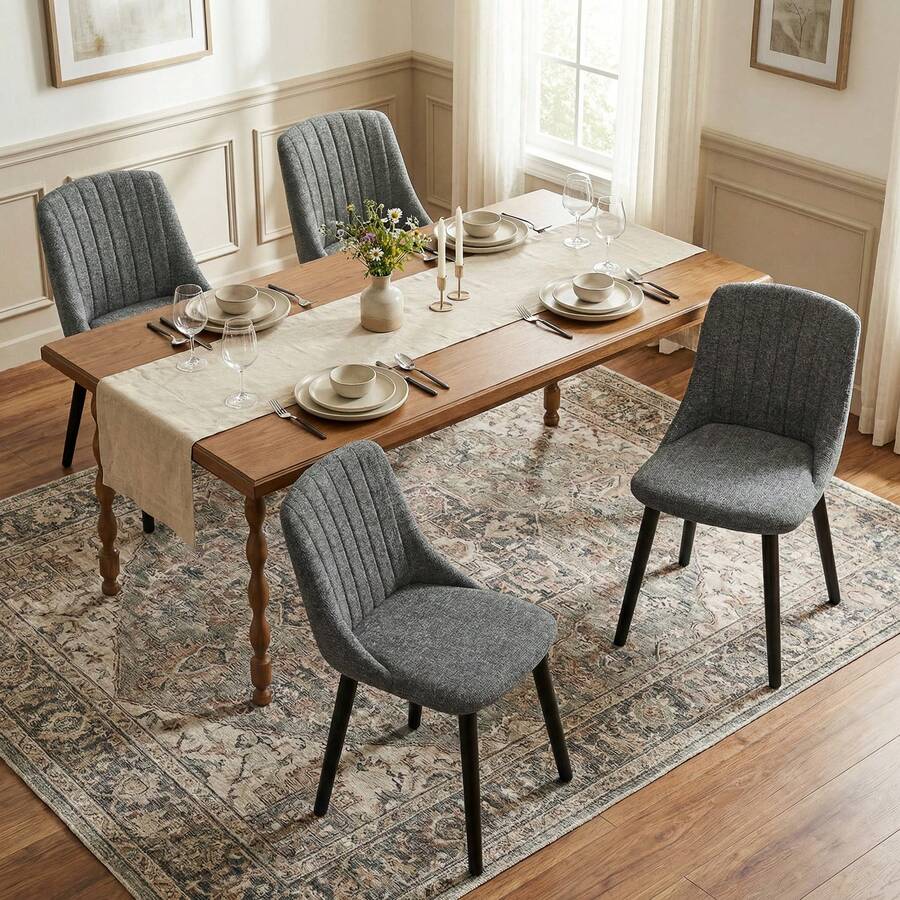 Goeurvant Modern Minimalist Vertical-Stripe Upholstered Dining Chairs With Ergonomic Back & Solid Wood Legs For Living Room, Kitchen, Bedroom - Set Of 2 / Set Of 4 / Set Of 6--Grey Green-Chenille - 灰綠色 - 查看 1