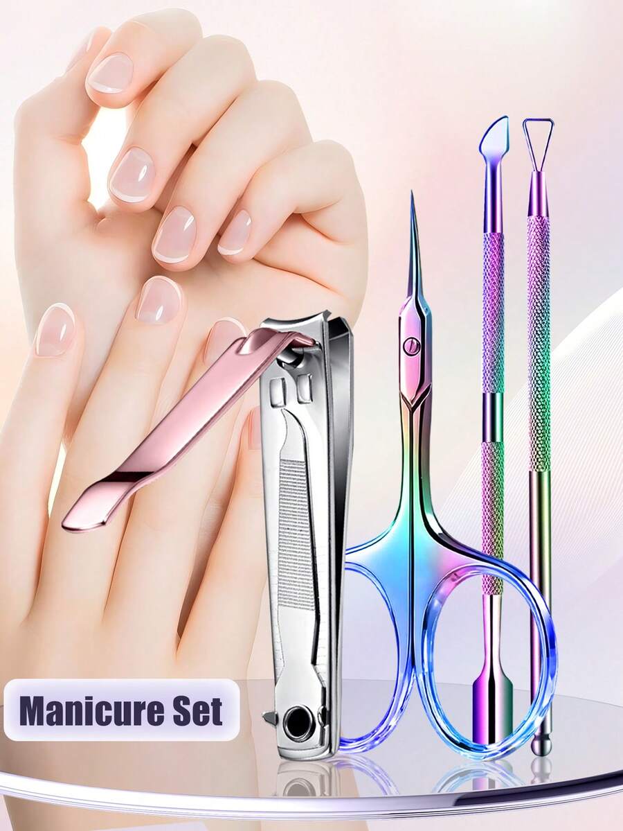ANDVICTORY 4pcs Nail Clipper Scissors Cuticle Trimmer Set, Extremely Sharp Blades, With Cuticle Pusher And Stainless Steel Cutter, Suitable For Foot Care, Nail Care And Fingernails - Multicolor - View 1