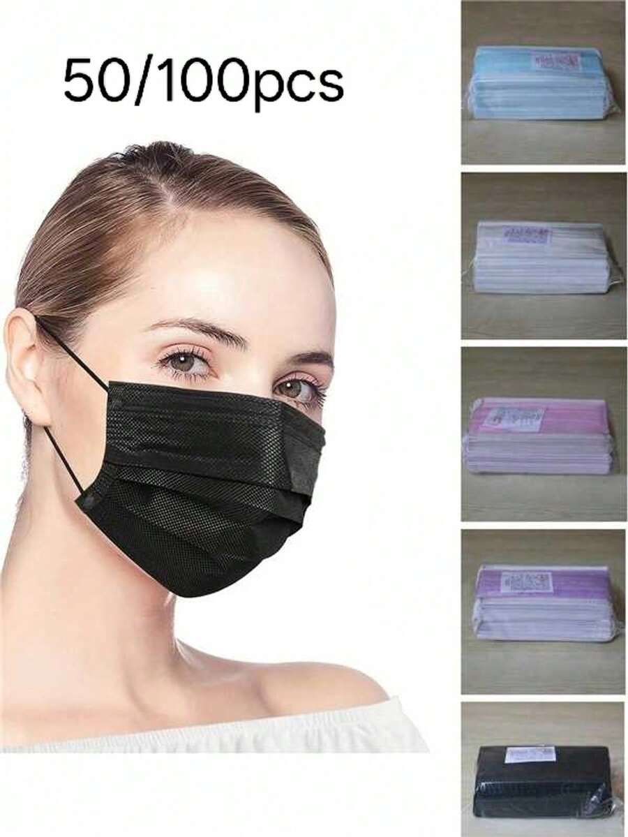 50pcs/Pack Disposable 3-Ply Protective Face Masks, Comfortable Fit For Men & Women - Multicolor - View 1