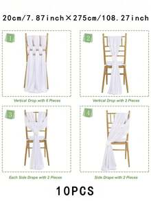 10pcs Elegant White Chiffon Chair Back Sash Set, Corridor Wedding Chair Back Decor, Church Chiffon Banquet Ceremony Reception Chair Set, Photography Props, Birthday Party Home Decor - White - View 3