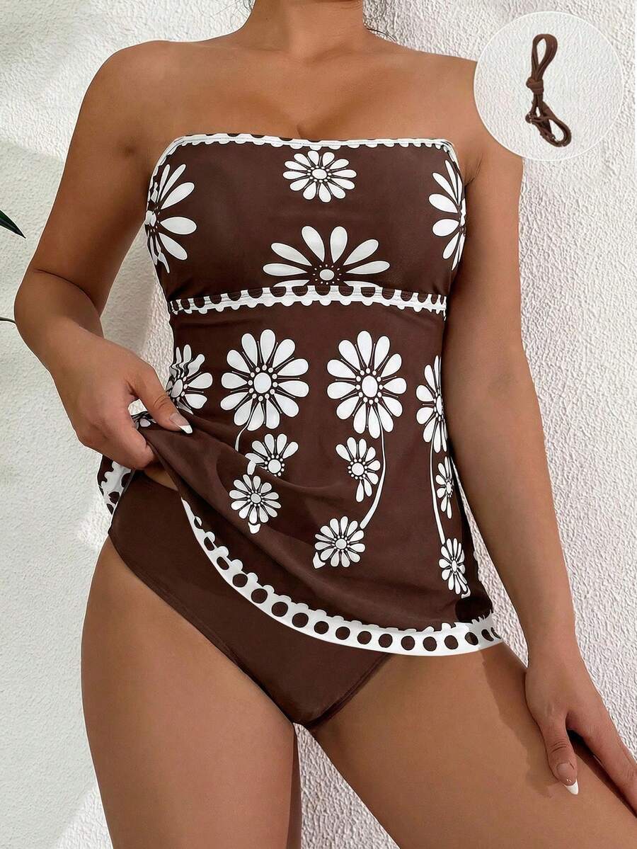 Swim Conjunto de Bikini Elástico con Estampado Floral para Mujer de 2 Piezas, Top Corto Tipo Bustier con Estampado de Colocación en Verde Fresco y Traje de Baño Básico de Triángulo de - Multicolor 2 - Ver 1