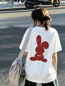 Women's Fashion Summer Round Neck Loose Versatile Minimalist Letter & Rabbit Cartoon Short Sleeve T-Shirt Casual White - White - View 4
