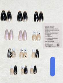 Y2K Style Instantly Upgrade Your Look! 24pcs Street Minimalist Casual Daily Personalized Cool Minimalist Nordic Silver Asymmetric Metal Line Rhinestone Decor 3D Metal Cross White French Medium Almond Shaped Press-On Nail Set, Suitable For Cool And Stylish Girls And Women Nail Supplies Nails - Black and White - View 2