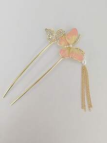topshiny 1pc Butterfly Tassel Hair Stick, Pearl Rhinestone Hair Clip Suitable For Bridal Updo Styling - Pink - View 8