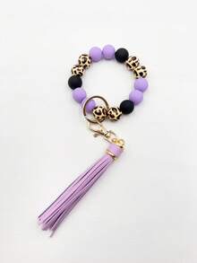 1pc Acrylic Bead Bracelet Tassel Keychain, Leopard Print Silicone Keychain, Beaded Bracelet Keychain, Leather Tassel, Wrist Keychain, Fashion Accessory, Portable Key Ring - 122-purple - View 3