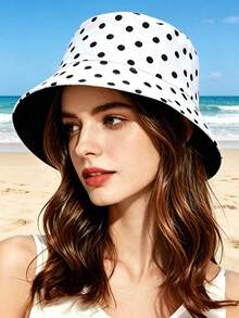 1pc Women's Polka Dot Print Bucket Hat, Wide Brim UV Protection Sun Hat, Suitable For Outdoor Sports And Activities, Beach, Vacation, New Fashion Unisex Sun Protection Foldable Wide Brim Sun Hat, Casual Versatile Bohemian Vintage Elegant Style, Polyester Fabric, Versatile, Beach Sun Hat, Cute Women's Personalized Sun Hat, Suitable For Daily Commute, Shopping, Outdoor Sports, Streetwear, Summer Multi-Functional Sun Hat. - Multicolor - View 2