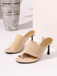 Chic Plus Size Stiletto Heel Slip-On Closed Toe Sandals, Fashionable Versatile High Heel Slides - Beige - View 8