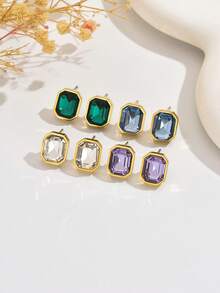 VceTd 1 Pair Fashionable Multi-Color Square Glass Design Stainless Steel Women's Stud Earrings Suitable For Daily Wear/Holiday Gift - Yellow Gold - View 8