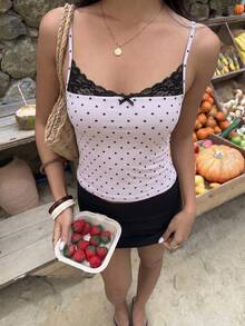 ENGU CO. Summer Gentle Pink Polka Dot Lace Thin Strap Camisole Girl Style Black Bow Slim Fit Flattering Inner Layer Cropped Top - Baby Pink - View 8
